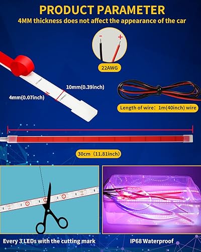 Miniatura 2 de Tira de luces LED, tira de luz interior de 12 pulgadas, 12 V, IP67, impermeable, cortable para automóvil, motocicletas, barcos, carrito de golf,