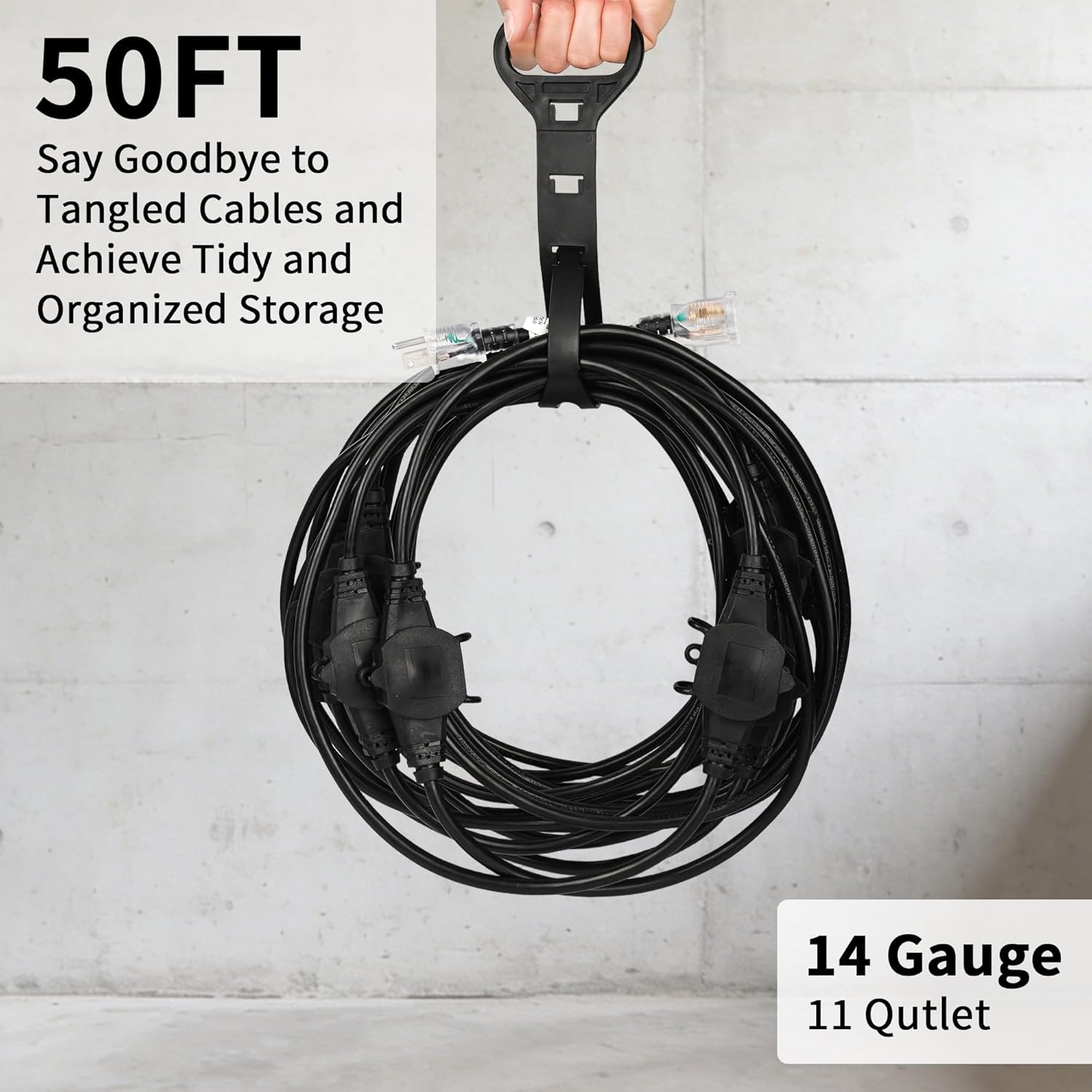 Black 50FT 14 Gauge SJTW Multi Indoor/Outdoor Power Extension Cord, Multiple Evenly Spaced 11 Outlet with Safety Cover and Indicator Lights, for Landscaping Light, Stage Backline & Christmas Decor