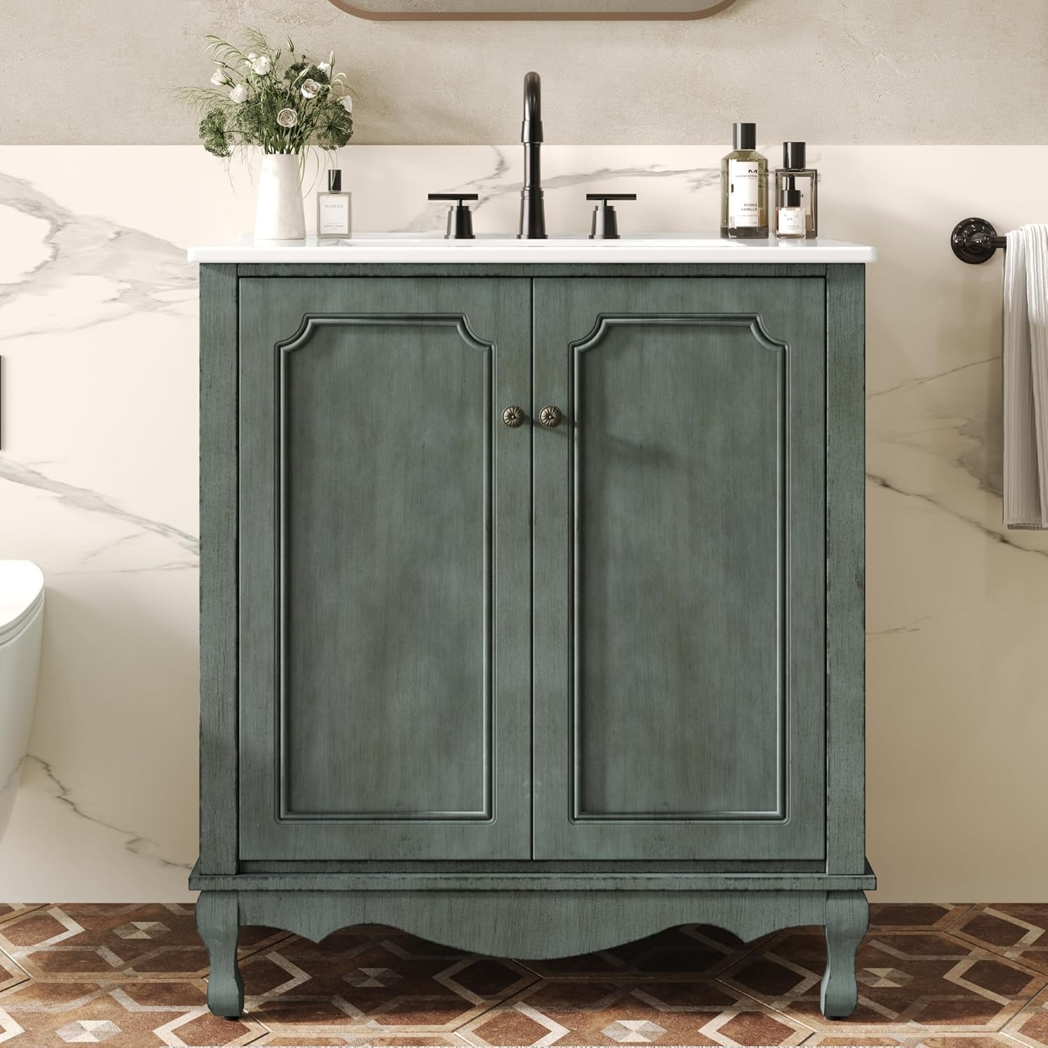 30 in Mid Century Modern Bathroom Vanity with Sink and Soft-Closing Doors,Solid Wood Vintage Antique Single Bathroom Sink Cabinet with Adjustable Shelves, Freestanding Green