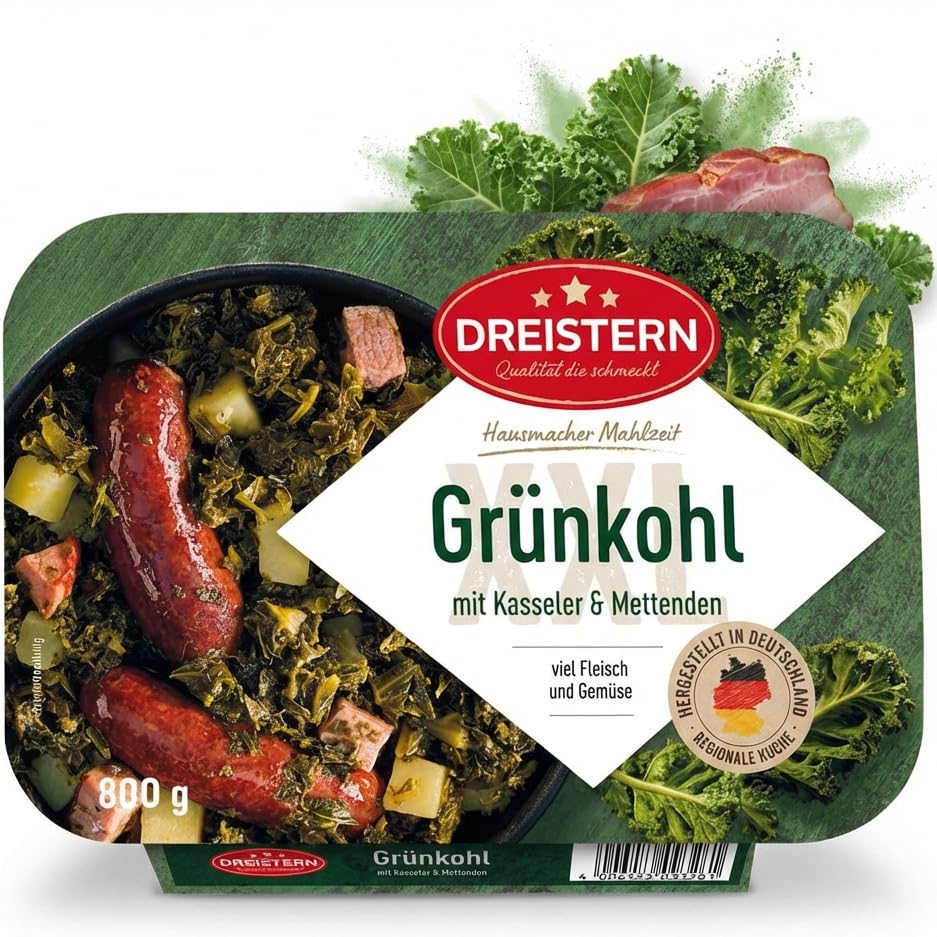 Dreistern Grünkohl 800g mit Kassler und Mettenden – Deftige Hausmannskost – Herzhaftes Fertiggericht mit Fleisch – Schnell zubereitet & kräftig im Geschmack