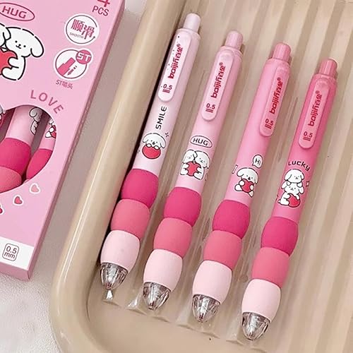 Miniatura 6 de MOZXIRZ 4 bolígrafos de gel estéticos retráctiles, de dibujos animados, de agarre suave, bolígrafo de tinta negra kawaii, suministros para niñas,