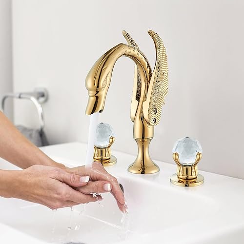 Miniatura 7 de Facuet de baño generalizado Cisne de oro grifo de lavabo de baño 3 agujeros 2 manija cristal baño vanidad grifos grifo moderno lavabo de arco alto