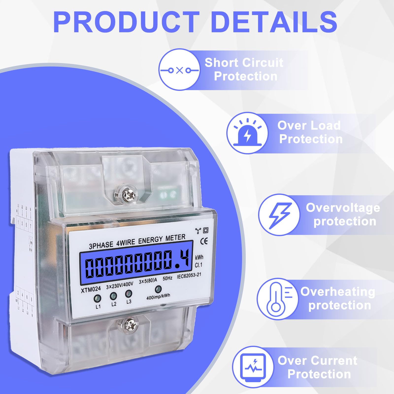 Contatore Elettrico Trifase Digitale - Misuratore Di Corrente 3 Fasi 5-100A Con LCD Per Quadri Elettrici - Foto 4