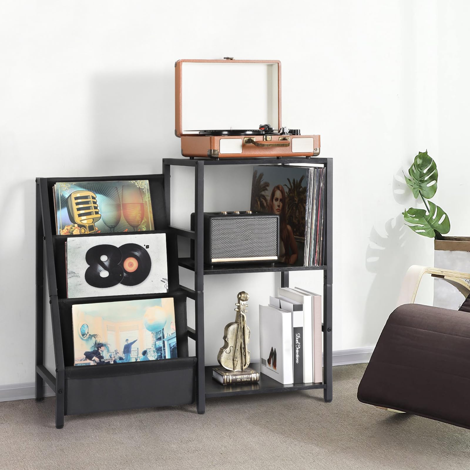Bikoney Beistelltisch Plattenspieler Schallplattenständer mit 3-stufiger Vinyl Schallplatten Lagerung Schallplatten Aufbewahrung bis zu 200 Alben,Vinyl Beistelltisch Holz für Wohnzimmer(Schwarz)