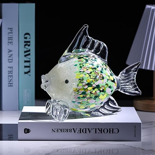 Miniatura 6 de Estatua de pez de vidrio soplado de 9.4 pulgadas, escultura de pisapapeles de vidrio verde para decoración moderna del hogar, mesa de centro de sala