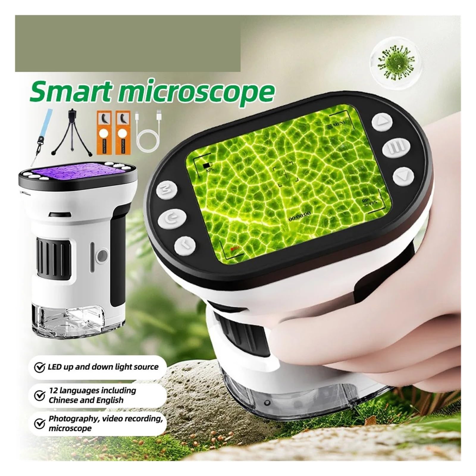 1000X Handheld Microscope for Kids 4K 2.0" Screen Rechargeable Pocket Digital Microscopes Magnifying Lenses Camera