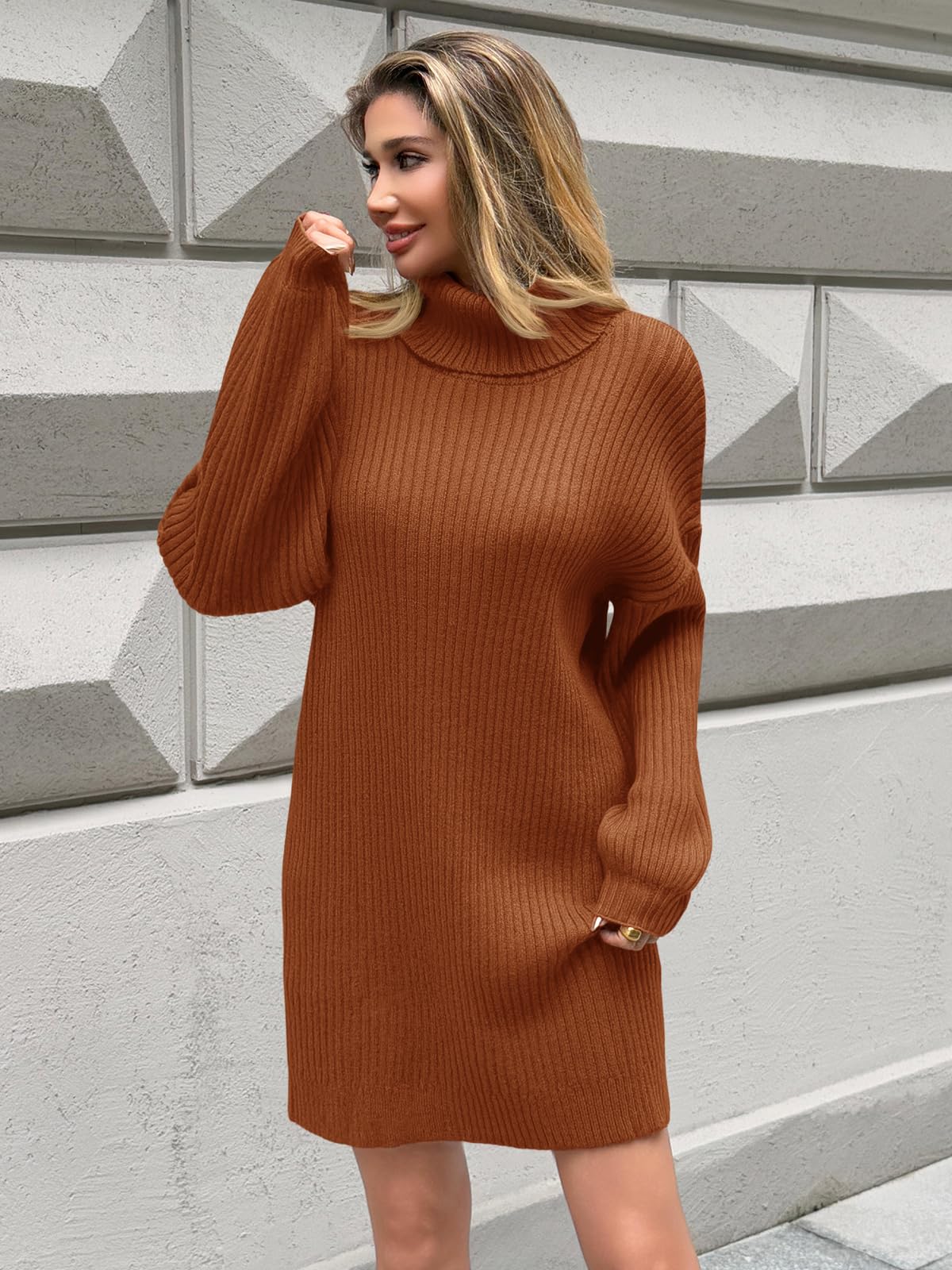 Saodimallsu Damen Strickkleid Langarm Rollkragenpullover Kleid Oversized Laternenärmeln Minikleid Casual Einfarbig Pullover Herbst Winter