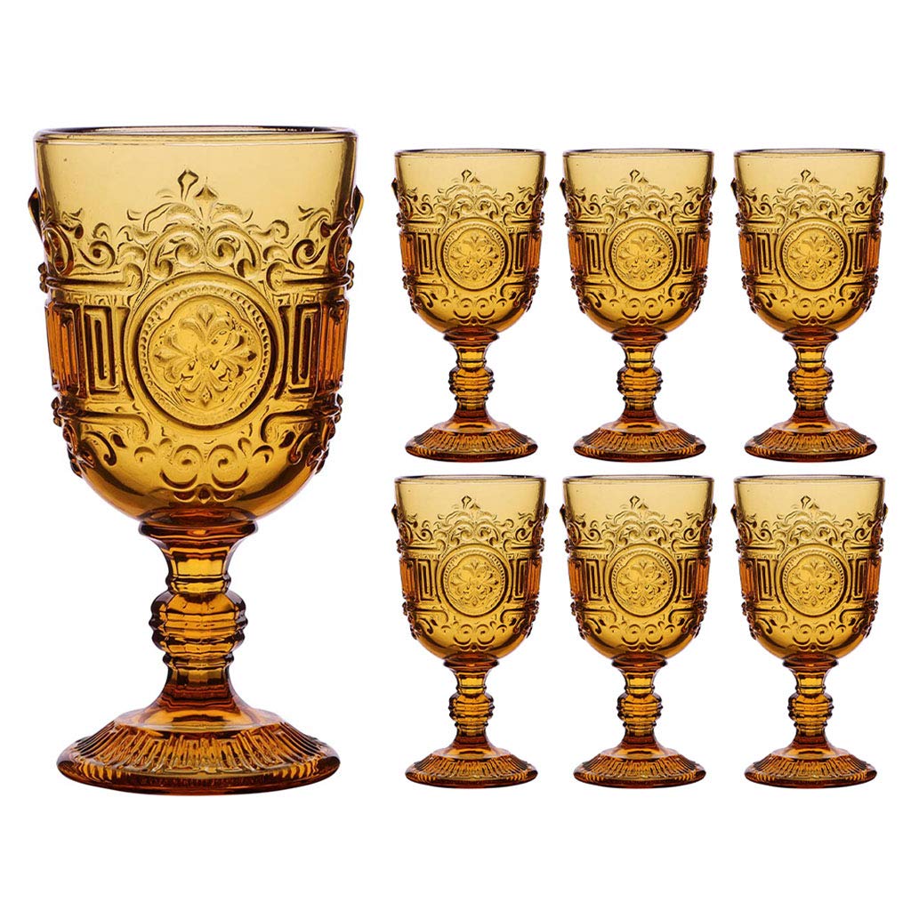 Dibor Wine Glasses Set of 6 Orange Embossed 300ml Drinking Goblets
