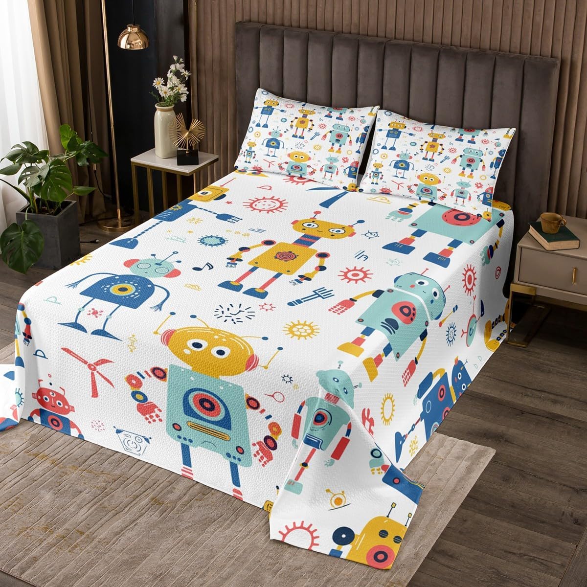 Homewish Cartoon Robot Kids Bedspread King Size,Watercolor Machine Equipment Quilt for Boys Girls Room Decor,Hand Drawn Style Bedding Set 3Pcs,Colorful Robot Microfiber Coverlet Set,2 Pillowcases