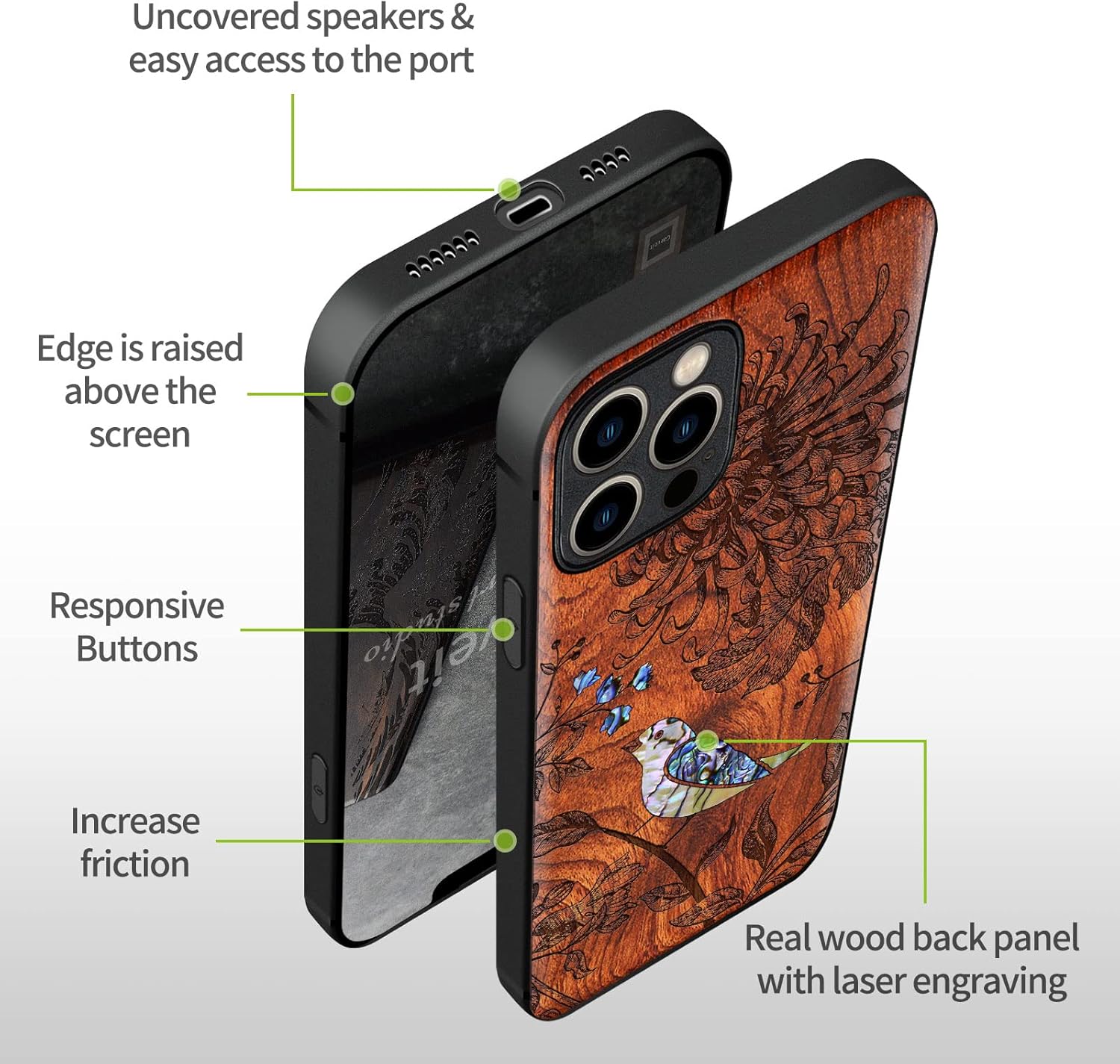 Carveit Designer Wooden Protective Case for iPhone 12 Pro Magnetic Cover [Wood Engraving & Shell Inlay] Compatible with 12 Pro MagSafe (Flowers and Bird-Rosy)