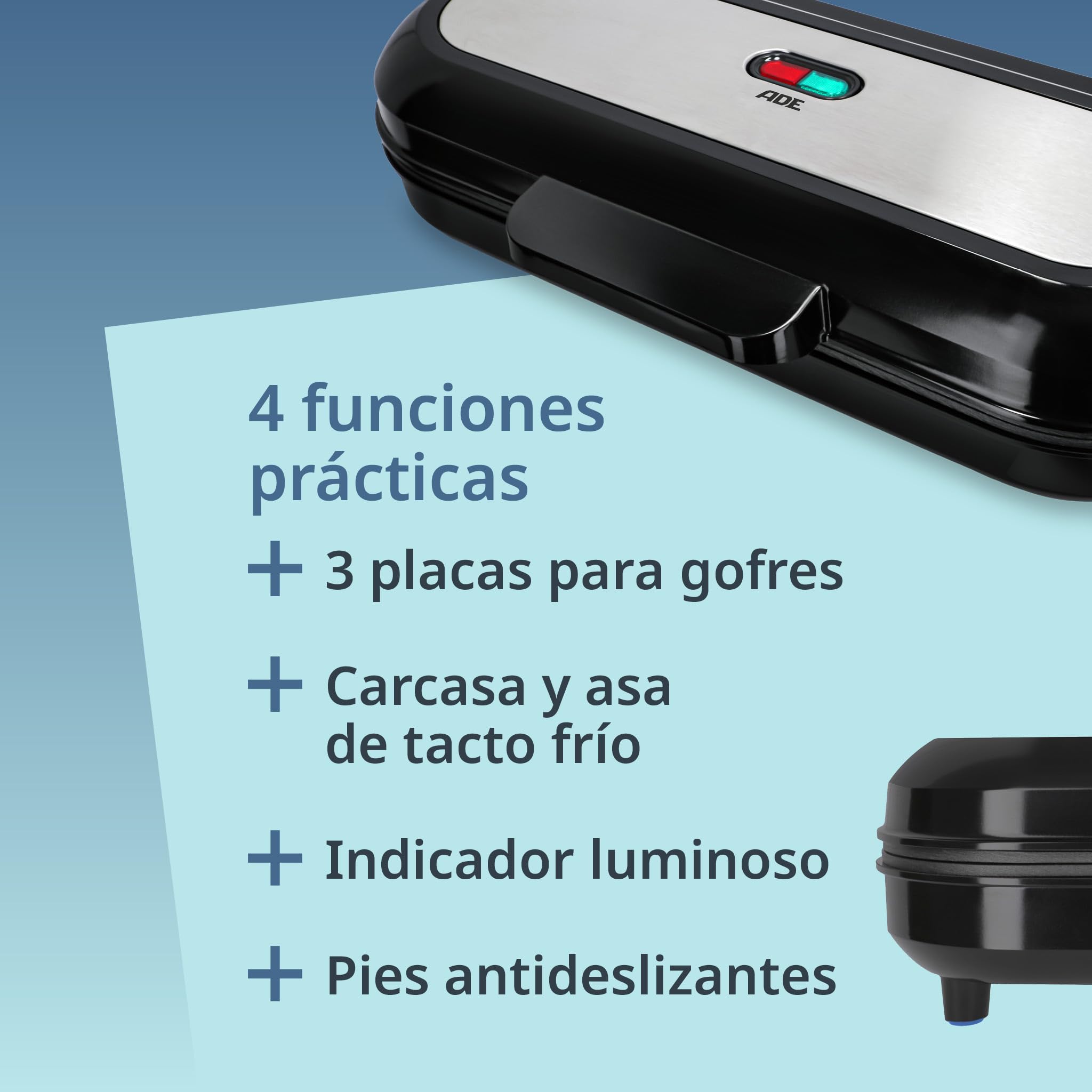 ADE Gofrera XL para 3 gofres redondos al mismo tiempo | 1.200 vatios | waffle maker con revestimiento antiadherente | perfecta para fiestas de cumpleaños infantiles