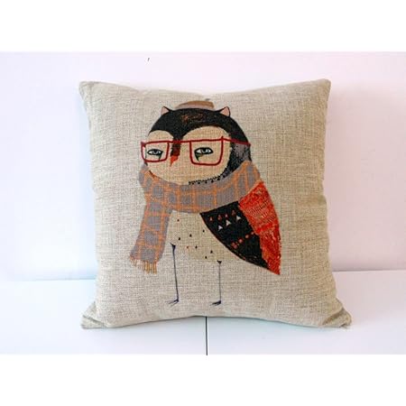 Amazon Co Jp ヨーロッパ風おしゃれでアンティークな枕カバー 抱き枕用 リネン 綿麻製 45 45cm 赤いレンズわくフクロウ クッションカバー ピローケース イラストプリント スケッチ風 ソファー ベッド 車に ホーム キッチン