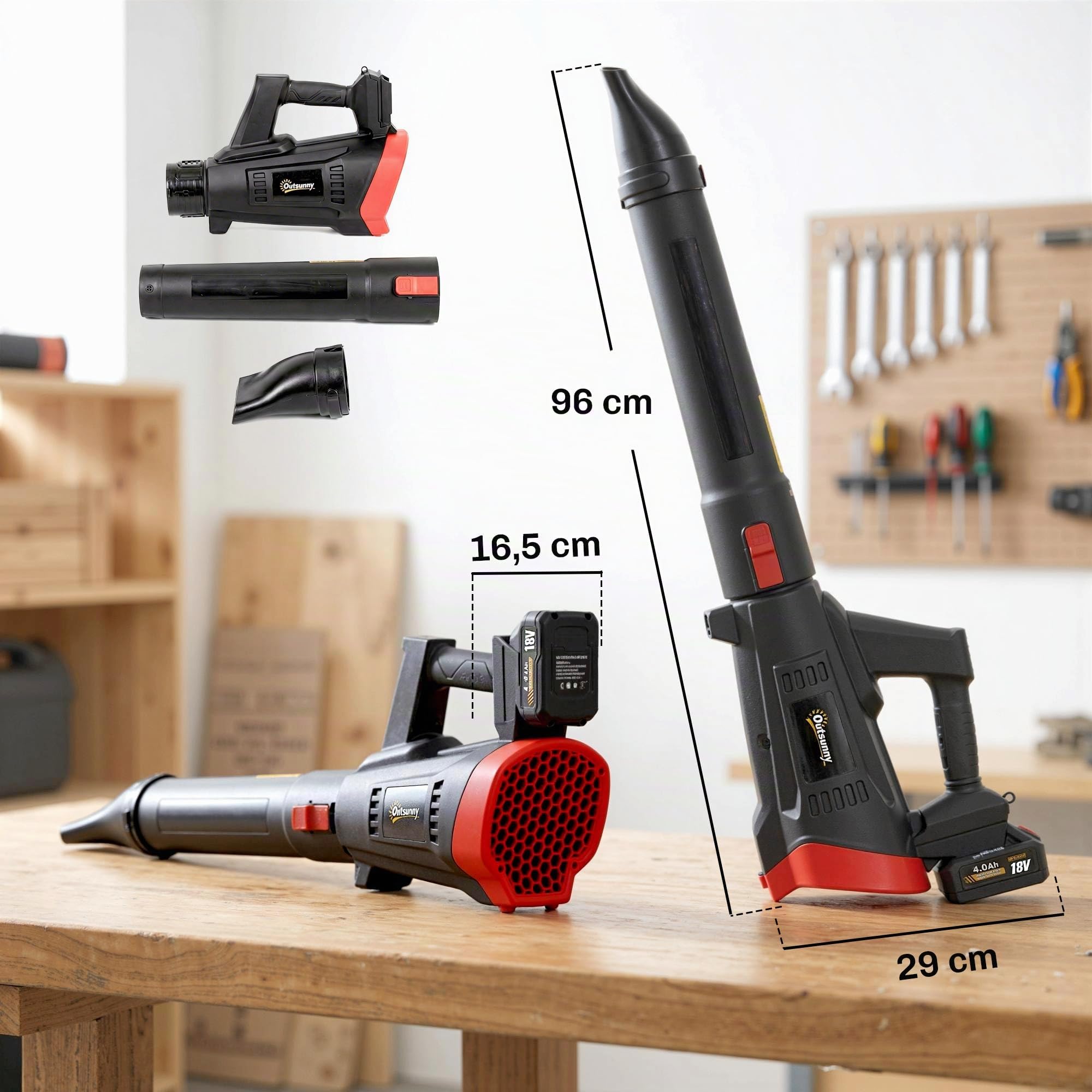 Outsunny Soplador de Hojas sin Cable 18V con 2 Baterías 4.0Ah y Cargador | Motor Sin Escobillas 600W, 3 Velocidades, Correa Hombro, 149 km/h, Soplador Batería Ligero para Hojas, Nieve y Residuos