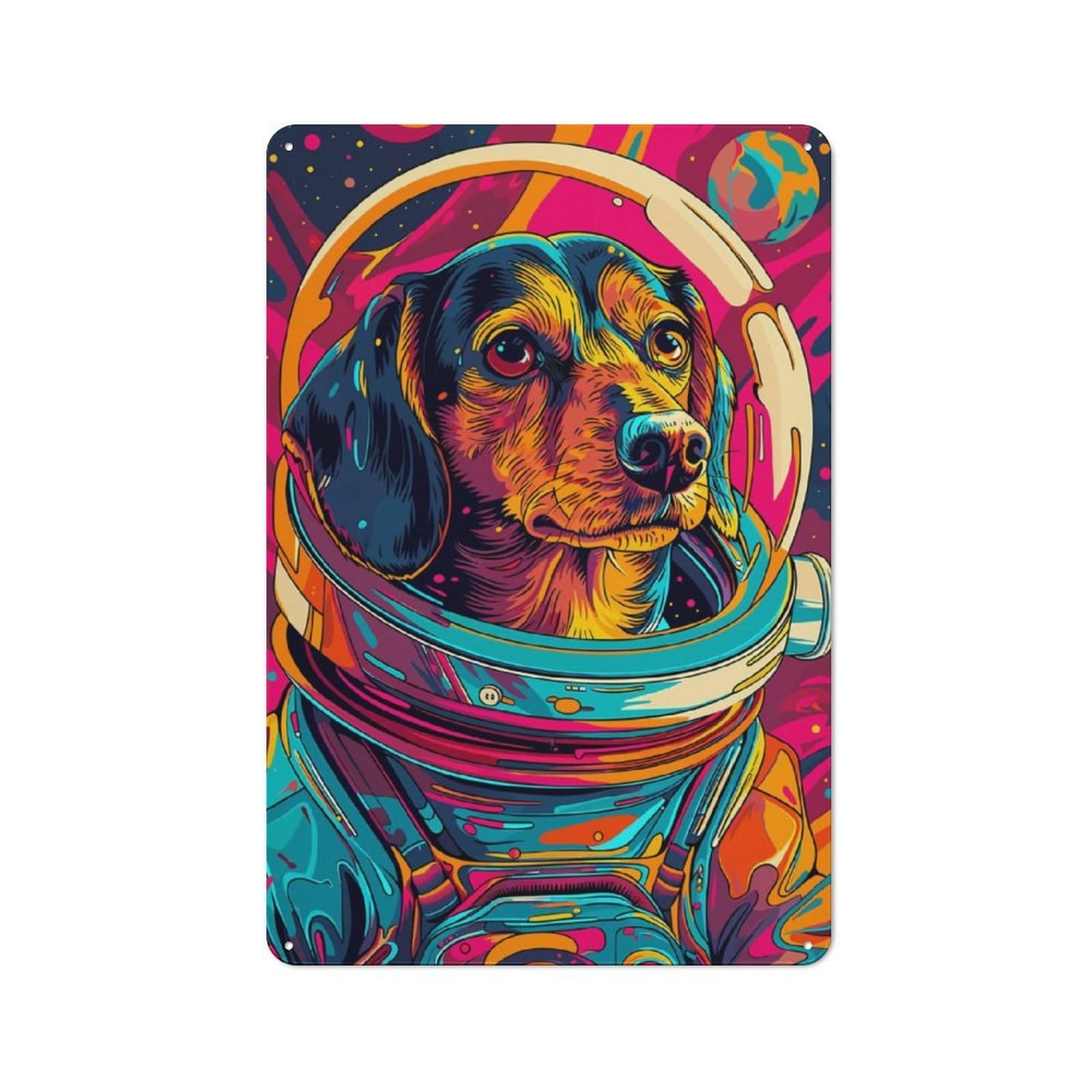 Junmoney Astronaut Space Dachshund Industrial Metal Sign With Design 30X20cm, Modern Retro Loft Wall Plaque For Workspace, Cafe, Hallway Or Garage