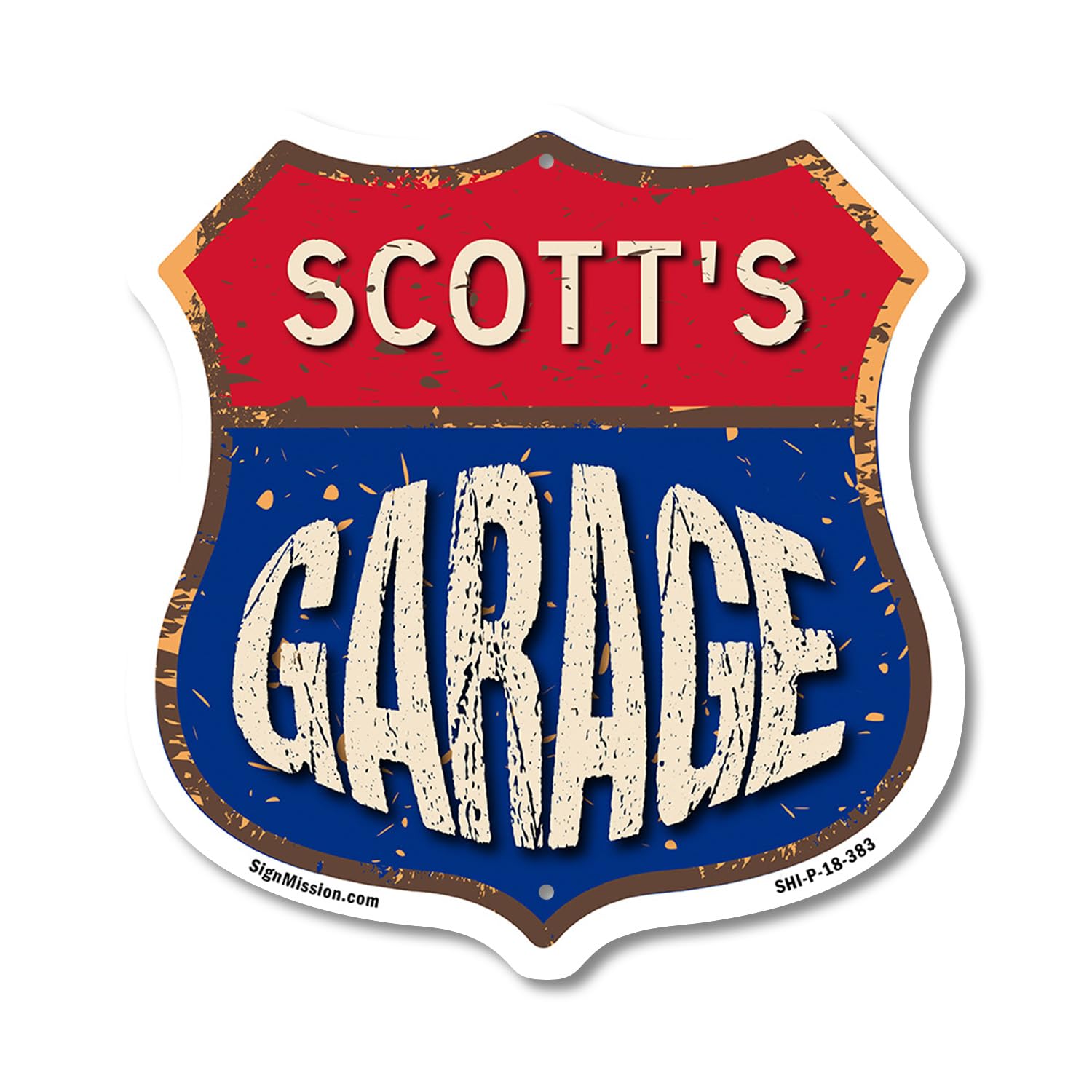 Scott's Garage 18 inch X 18 inch Shield Shaped Commercial Grade Plastic Sign Weather Resistant, UV Protected To last, Gift for Dads and Uncles Classic