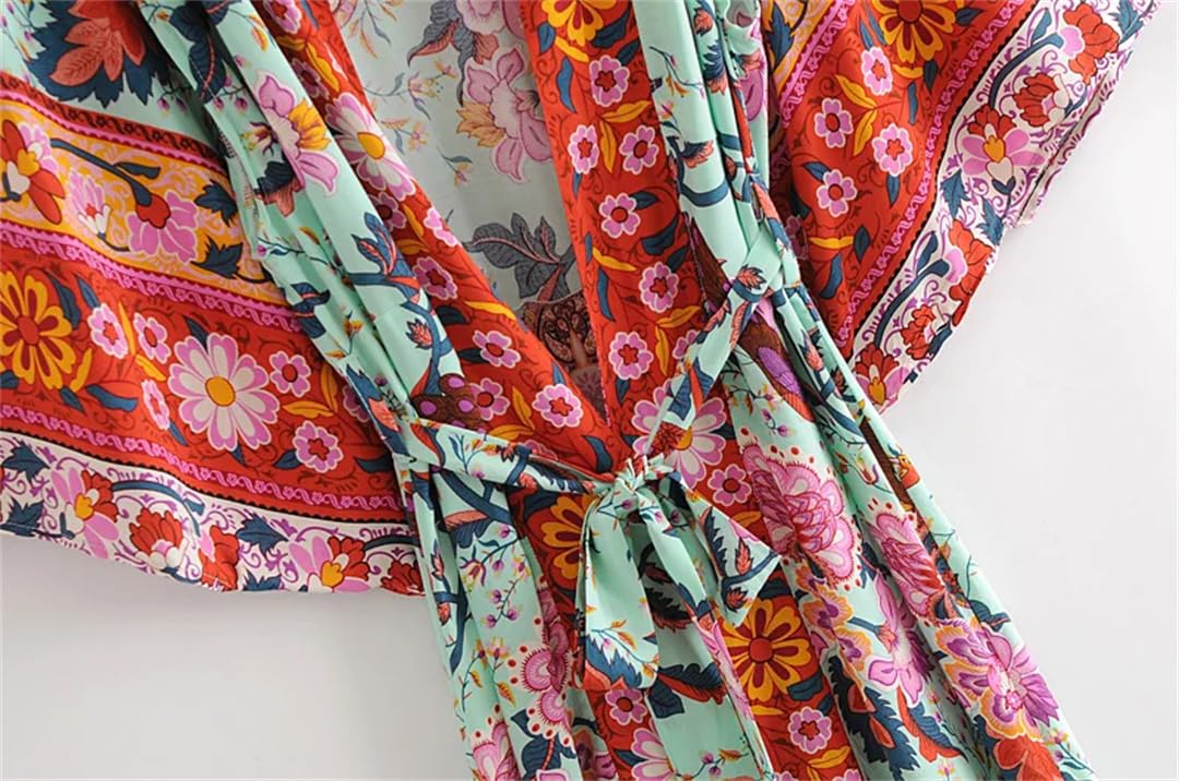 Bikini da donna con stampa a pipistrello, stile bohémien, kimono con scollo a V