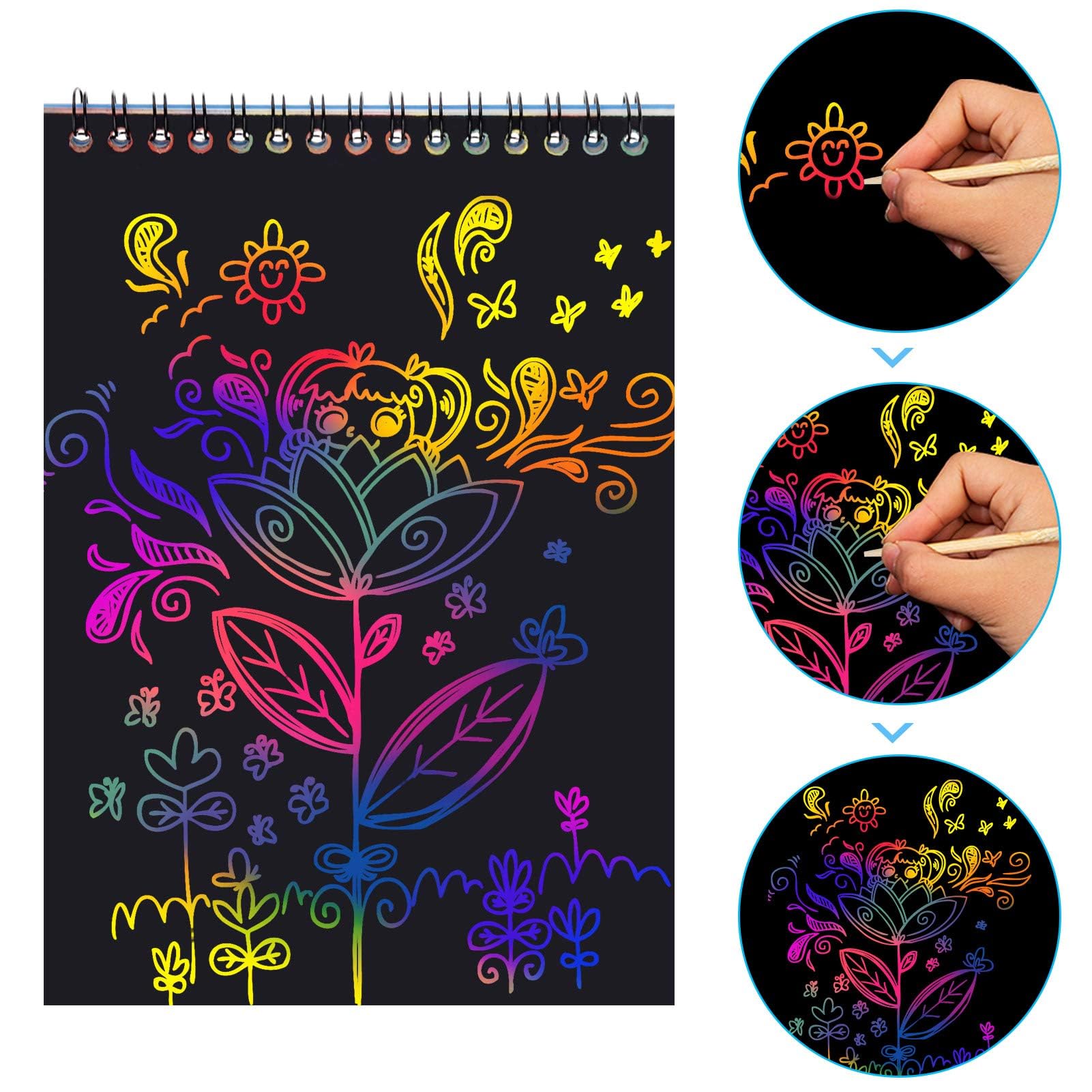 MELLIEX Dessin Gratter Enfants 2 Packs Scratch Art Livres Coloriage Papier Noir 4 Règles Gabarit 4 Stylets Bois