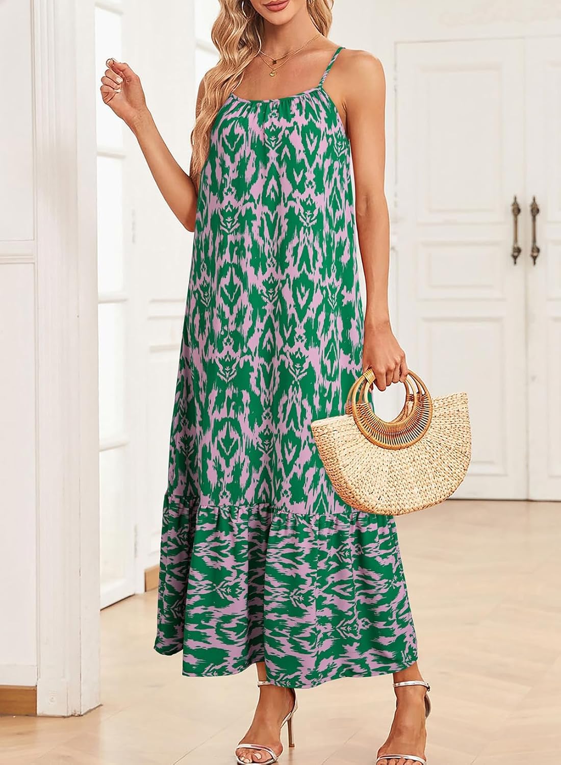 Dokotoo Women Summer Dresses 2026 Spaghetti Strap Scoop Neck Smocked Ruffle Flowy Boho Maxi Dress - Image 3