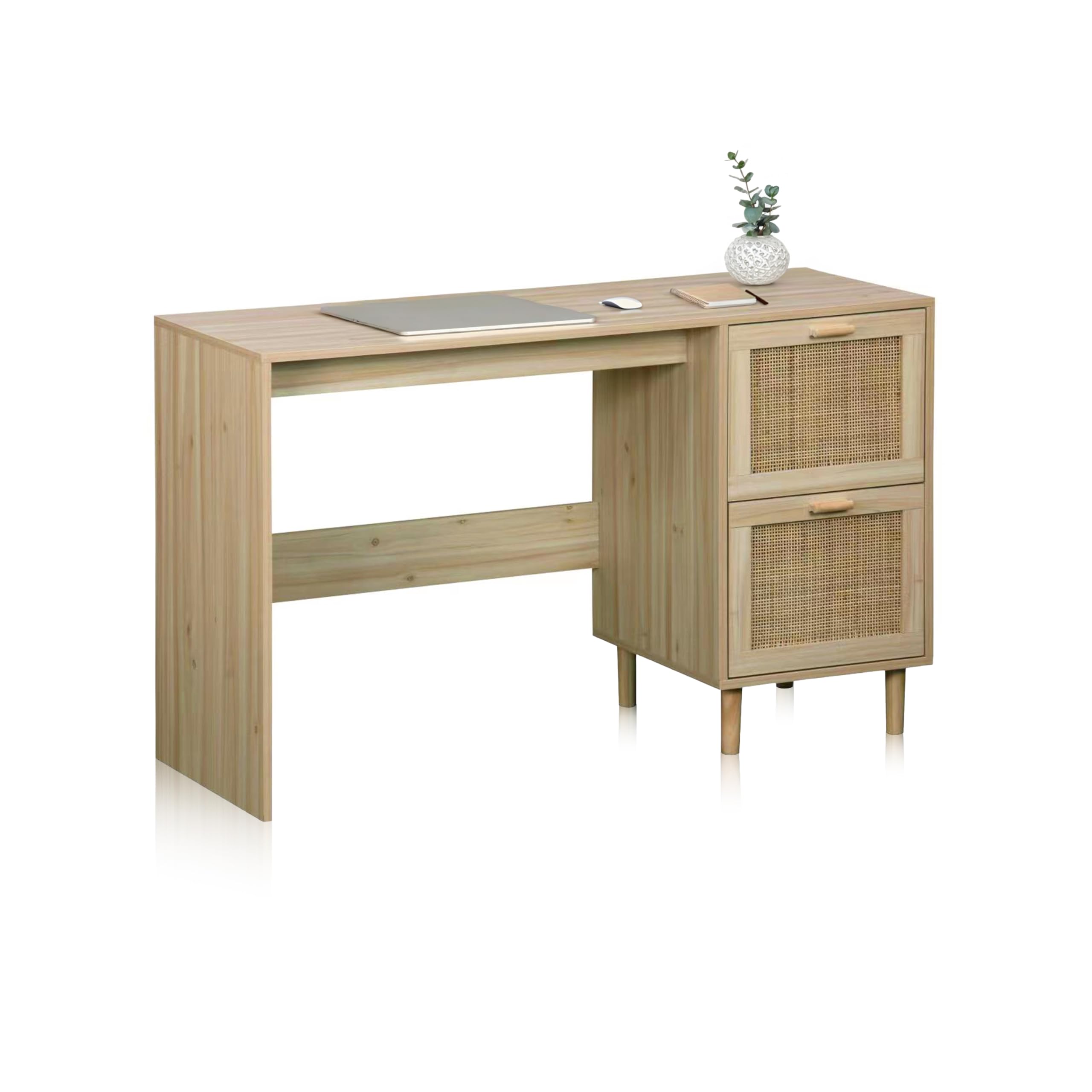 duehome | Made, Escritorio con Cajonera, Mesa de Estudio, Acabado en Madera de Pino y Ratan, Medidas: 120 cm (Largo) x 48 cm (Fondo) x 75 cm (Alto)