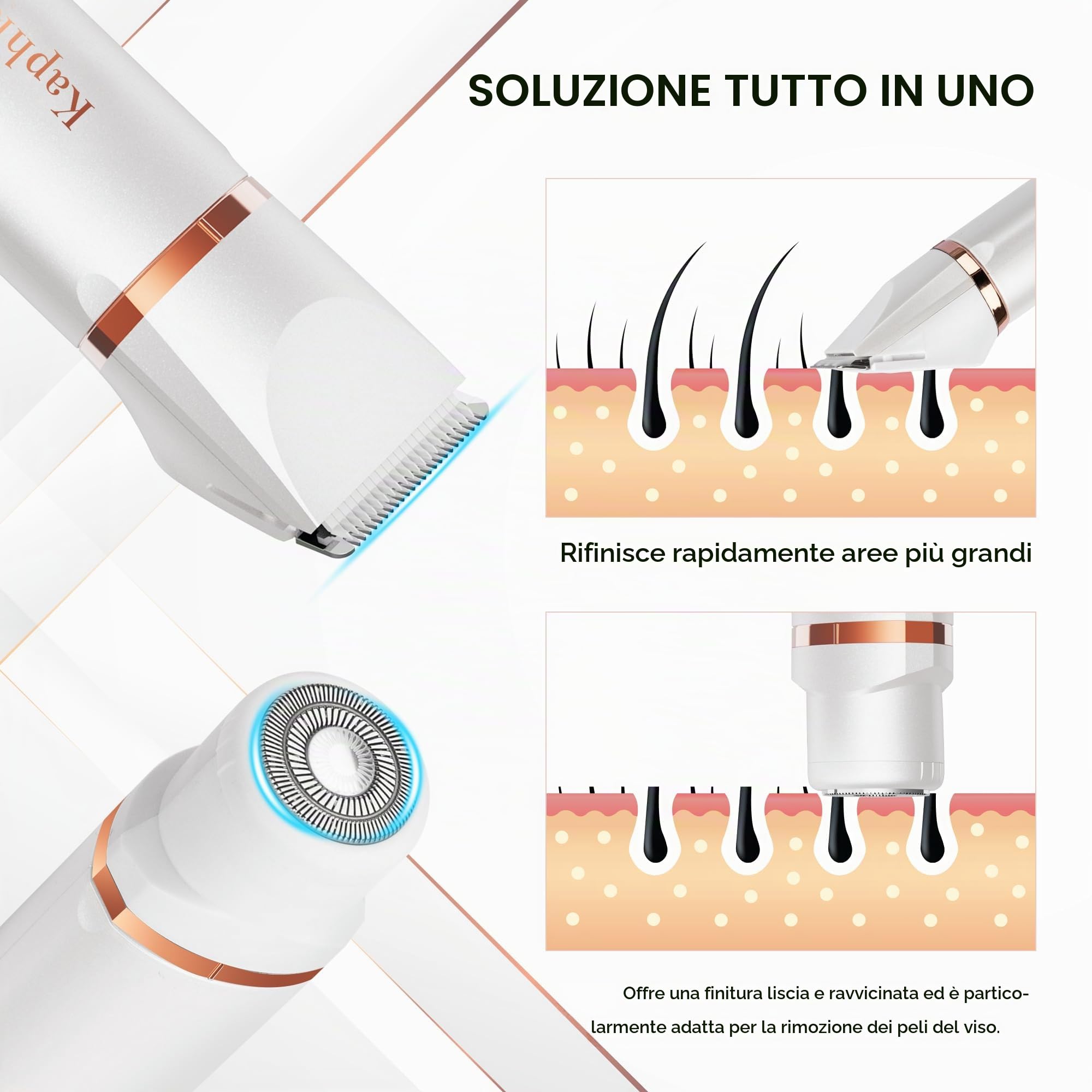 Rasoio elettrico donna inguine: 2 in 1 impermeabile IPX7 per depilazione intima donna e epilatore viso di rimozione dei peli per bikini ascelle gambe braccia e viso (bianco perla)