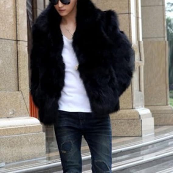 Men's Faux Fox Fur Coat Fashion Long Sleeve Parka Jacket Winter Warm Thick Outwear Short Thermal Foxes Coats (Black,Medium)