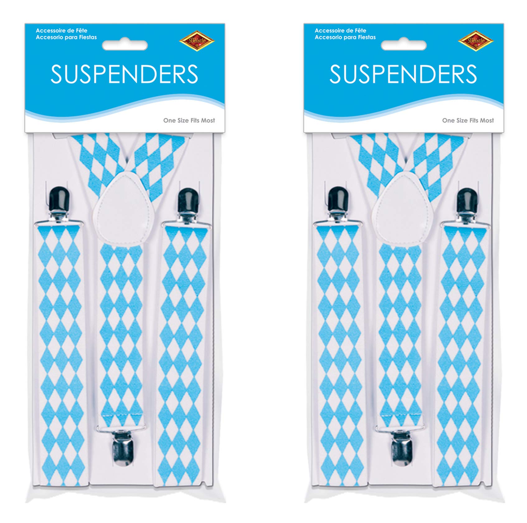 Tirantes de tela Beistle S60809AZ2 Oktoberfest pack de dos unidades ajustables azul y blanco