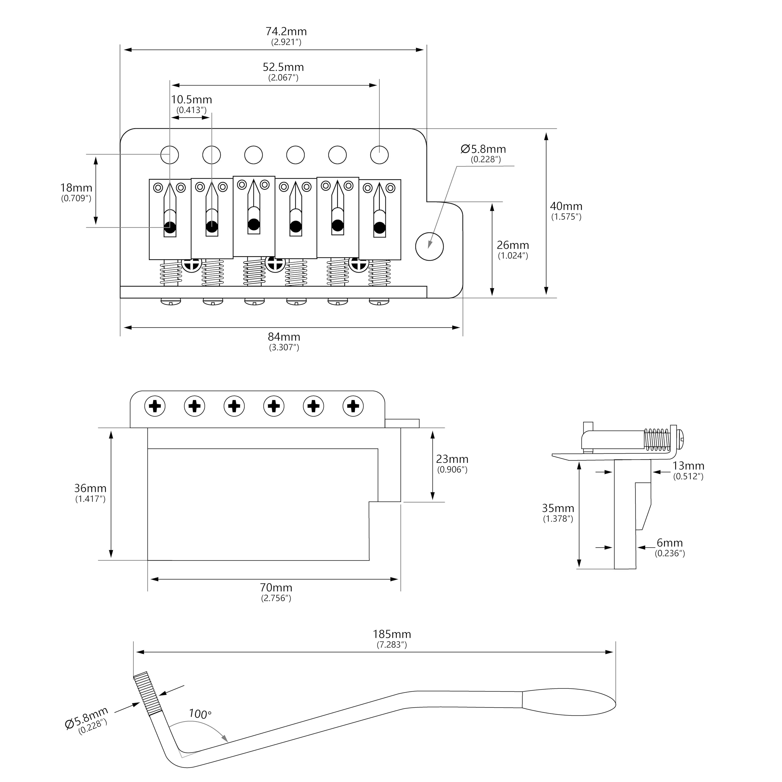 Banworks 6-String Tremolo Bridge System 52.5mm (2 1/16") String Space with Modern Saddles Tremolo Arm and Zinc Block for Strat ST Squier Style Electric Guitars JT/CYXT-01 Black - Image 2