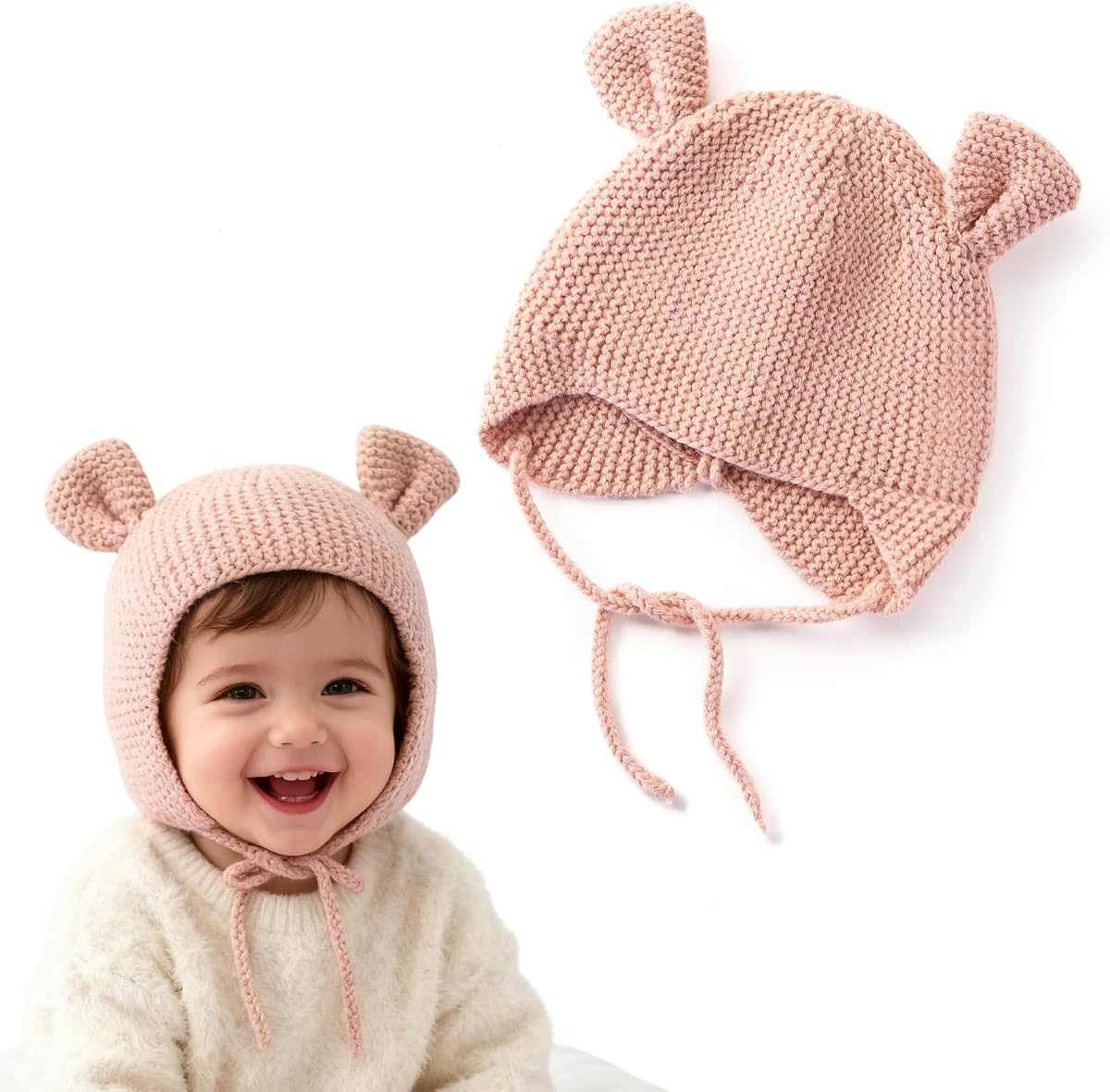 Baby Beanie with Earflaps Winter Knitted Hat Adorable Ears & Chin Strap Warm for Infant Toddler Boy Girl 6-24 Months