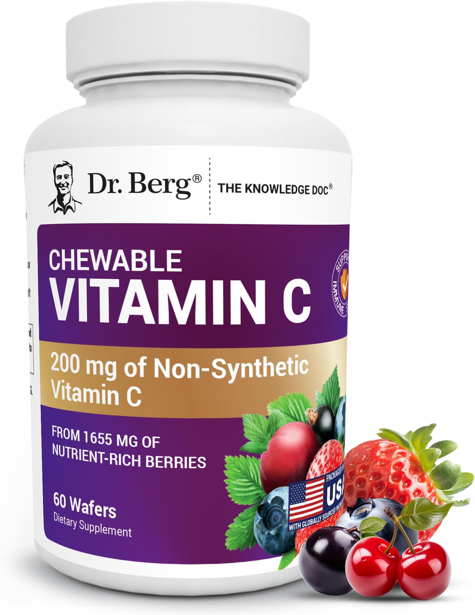 Dr. Berg's Vitamin C Complex Whole Food (60 Chewable) 100% Natural Vitamin C from Just 4 Berries, Non-GMO
