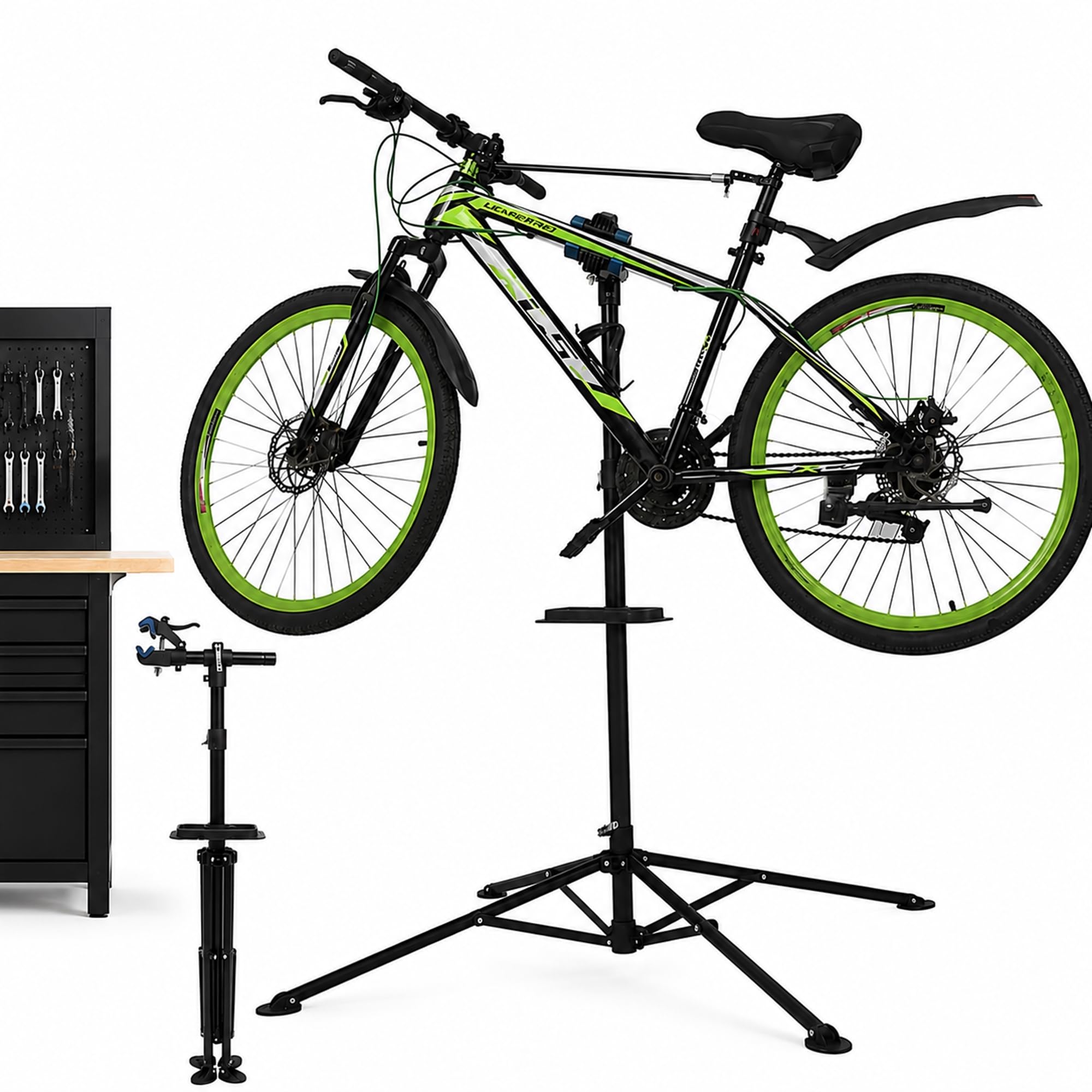 Mucola Fahrrad Montageständer 360° drehbar höhenverstellbar bis 200 cm – Reparaturständer aus Stahl mit Schnellspannklemme & Werkzeugablage – Zentrierständer für MTB E-Bike Rennrad Werkstatt