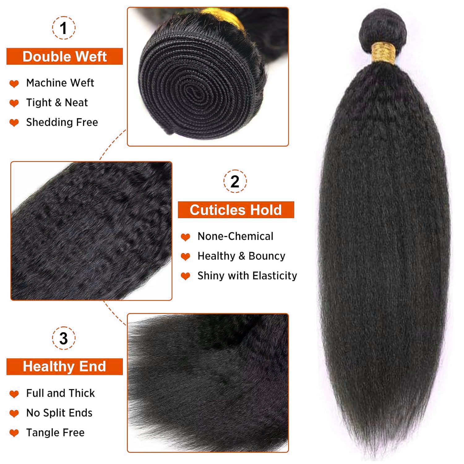 Vallbest Brazilian Kinky Straight Human Hair Bundle Unprocessed Virgin Hair Yaki Straight Human Hair Bundle Sew in Hair Extensions for Black Women 26 Inch One Bundle - Image 2