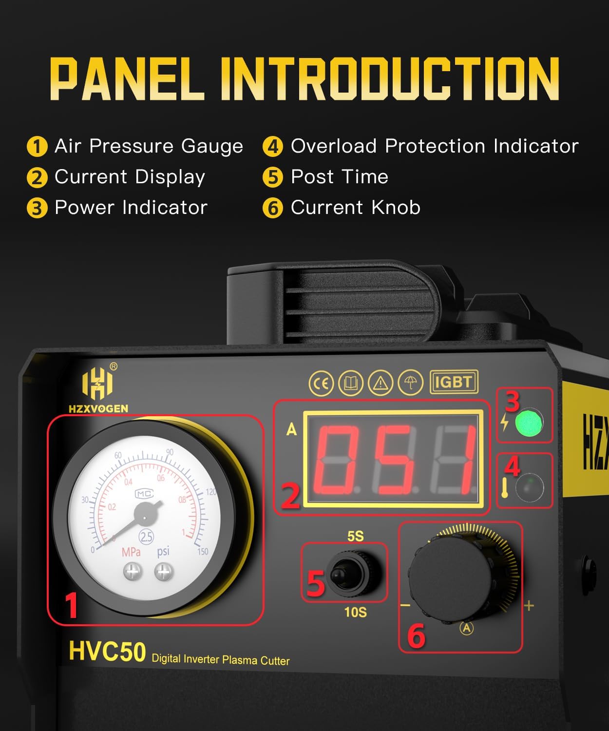 H HZXVOGEN Taglierina al Plasma 50A 230V, Taglio Max Acciaio 15mm, Taglio Pulito 8mm, Inverter IGBT DC, Accensione HF, Display Digitale, Raffreddamento Intelligente per Principianti e Hobbisti