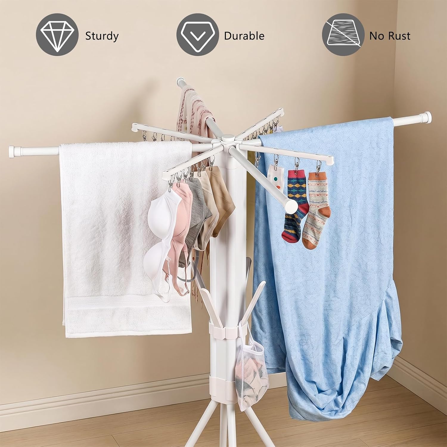 Foldable Four-Legged Clothes Drying Rack Extendable with 16 Clips | Collapsible Laundry Space-Saving Portable Clothing Rack for Indoor Balcony Camping Outdoor Use
