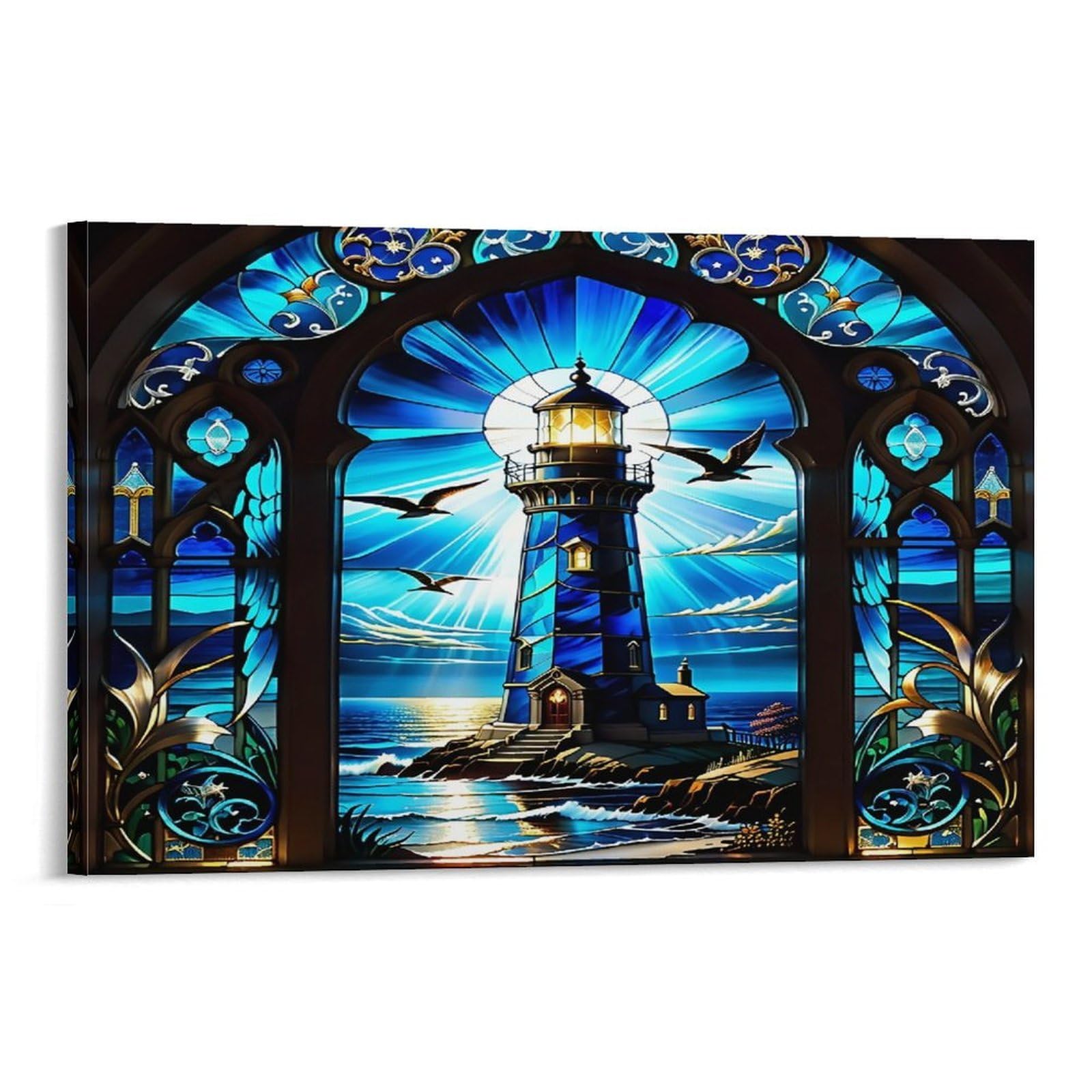 CPLVKWRQJ Stained Glass Lighthouse Single Gothic Stained Glass Lighthouse by Ocean Framed Canvas Wall Art - Kitchen Removable Wall Art Multi-Purpose Focal Point Decor 12x18inch(30x45cm)