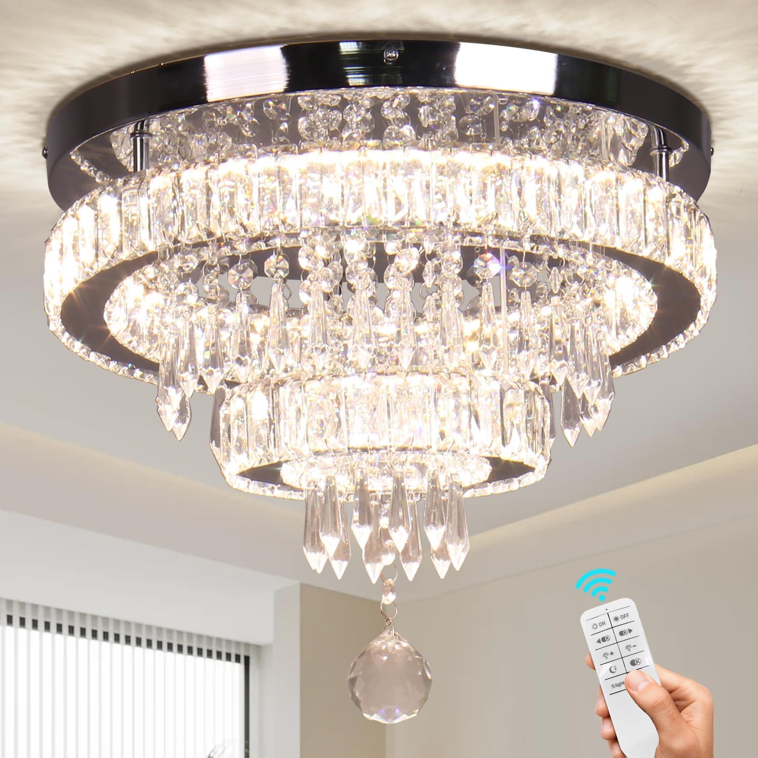 Finktonglan 16" Crystal Ceiling Light, Modern Crystal Chandeliers with Remote Control, LED 2 Rings Flush Mount Ceiling Light Fixture for Bedroom Dining Room Living Room (Dimmable) Multicolor