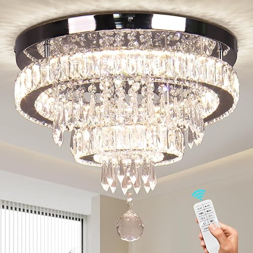 Finktonglan Lámpara de Techo de Cristal de 16", Candelabros de Cristal Modernos con Control Remoto, Lámpara de Techo LED de 2 Anillos de Montaje al