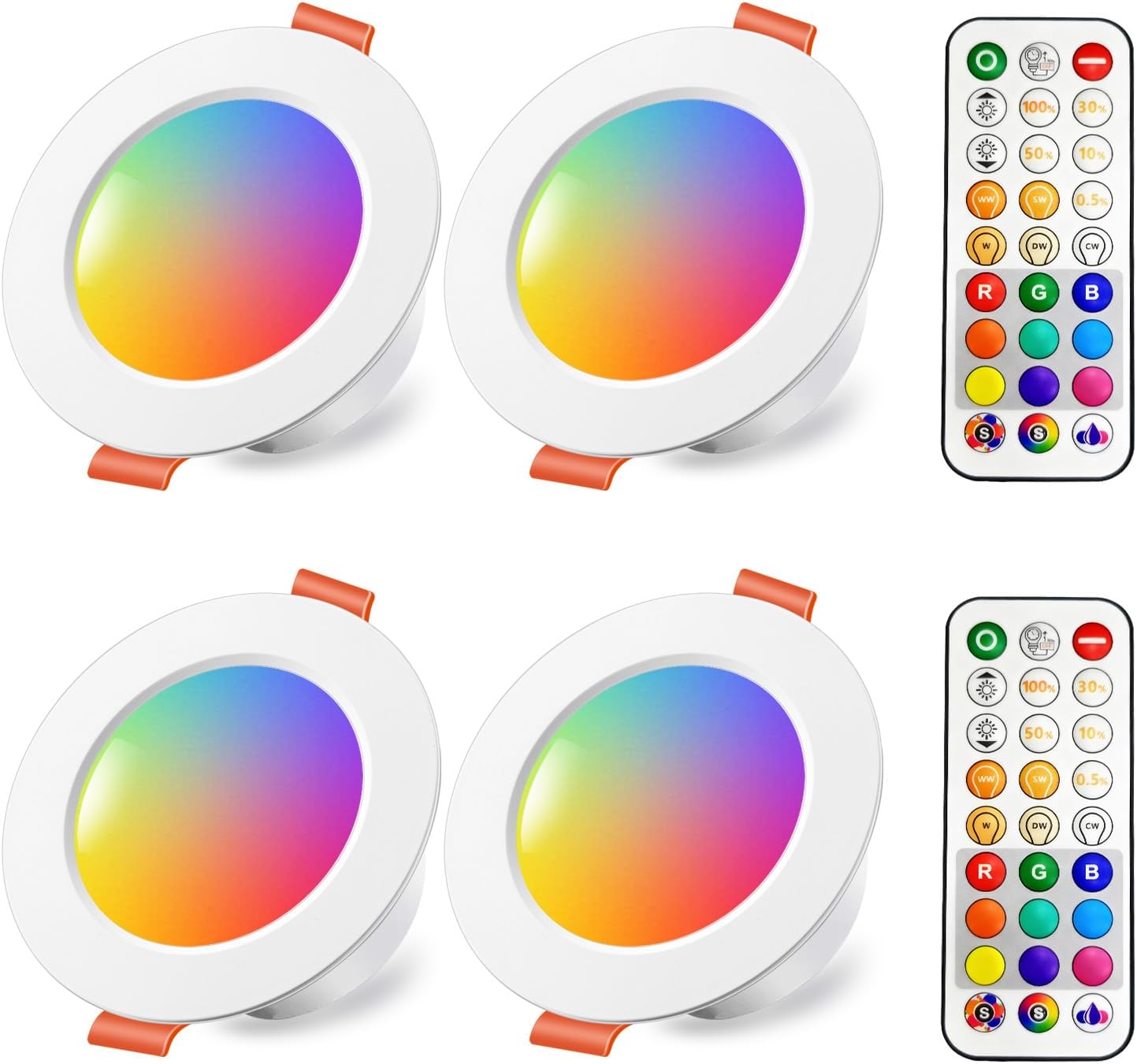 LED Recessed Ceiling Lights, 8W Colour Changing RGB, Φ70-85mm Hole, Spotlights Round Panel Downlights Warm White 2700K, 12 Colours 2 Modes Timing with Remote Control (4 Pack)