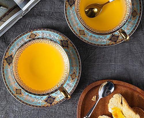 Miniatura 8 de YBK Tech - Juego de tazas y platillos de porcelana de hueso estilo europeo, taza de café de cerámica para el hogar, cocina, boda (patrón real, azul