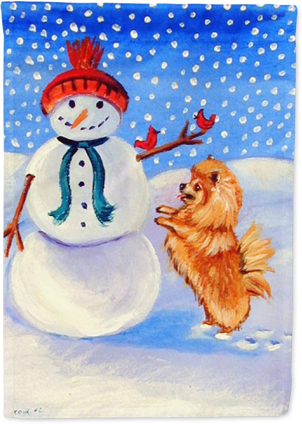 Caroline's Treasures 7151CHF Snowman with Pomeranian Winter Snowman House Flag Large Porch Sleeve Pole Decorative Outside Yard Banner Artwork Wall Hanging, Polyester, House Size, Multicolor