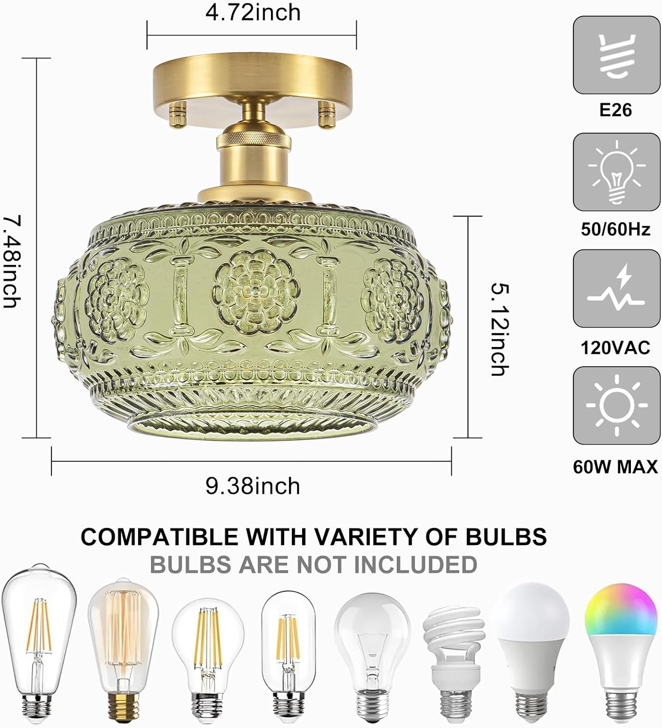 Semi Flush Mount Ceiling Light Fixture - Brass & Gold Floral Design, Green Glass Shade, Vintage Modern Lighting for Kitchen, Bathroom, Entryway (Bulb Not Included)