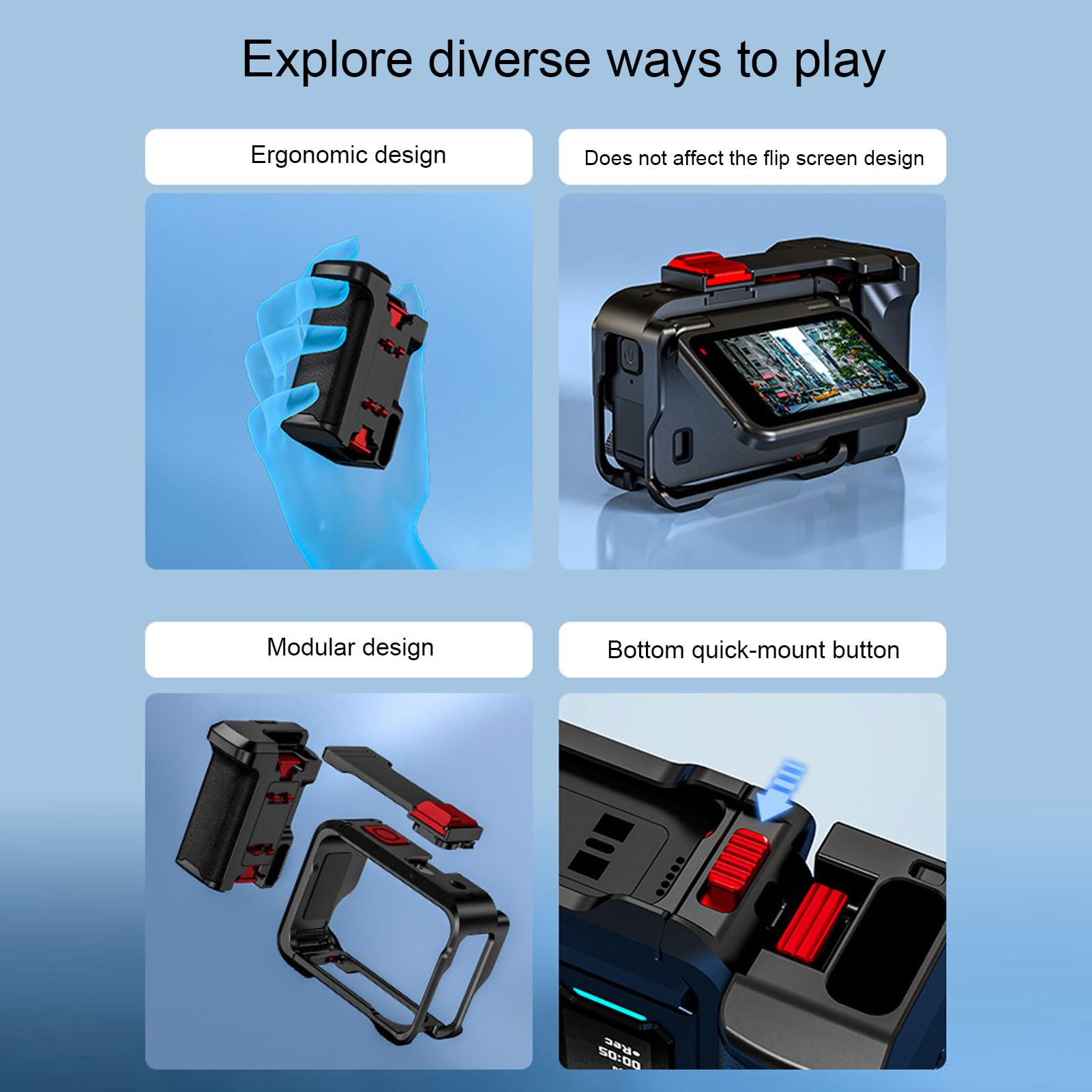 Denash Kit Street Grip per Ace Pro 1 2 Action Camera Gabbia Modulare in Lega di Alluminio con Pattino Freddo Filettatura da 1/4 di Pollice per Accessori Fotografici All'a