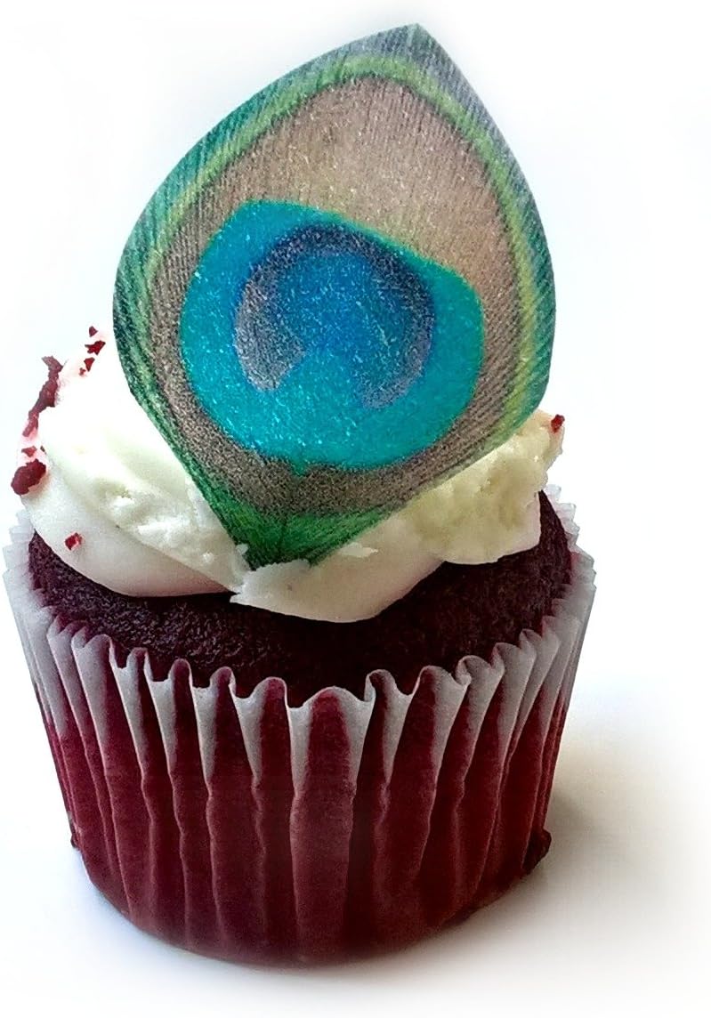 24 Traditional Green Blue Teal Edible Wafer Paper Peacock Feathers © Very Small 1.25" Feather Cake Cupcake Toppers Decoration