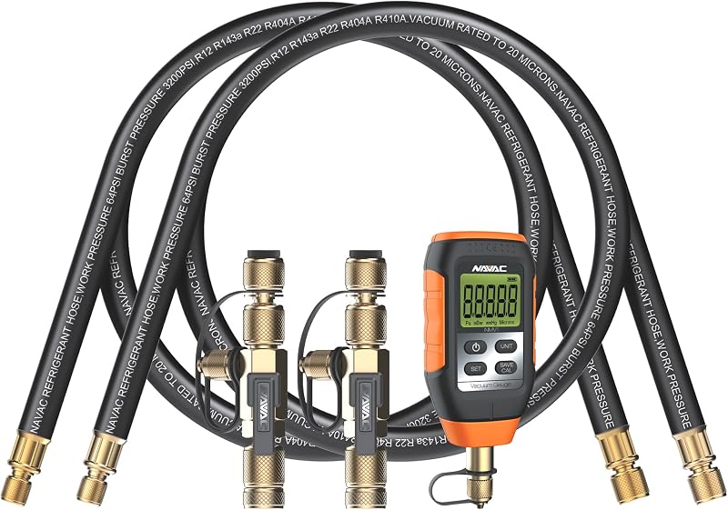 NAVAC NEVK3 Rapid Evacuation Kit - Valve Core Removal Tool Set with 1/4″ & 5/16″ VCRT, 3/8″ to 1/4″ & 1/2″ to 1/4″ Fittings, Micron Vacuum Gauge & High-Performance Refrigerant Evacuation Hoses