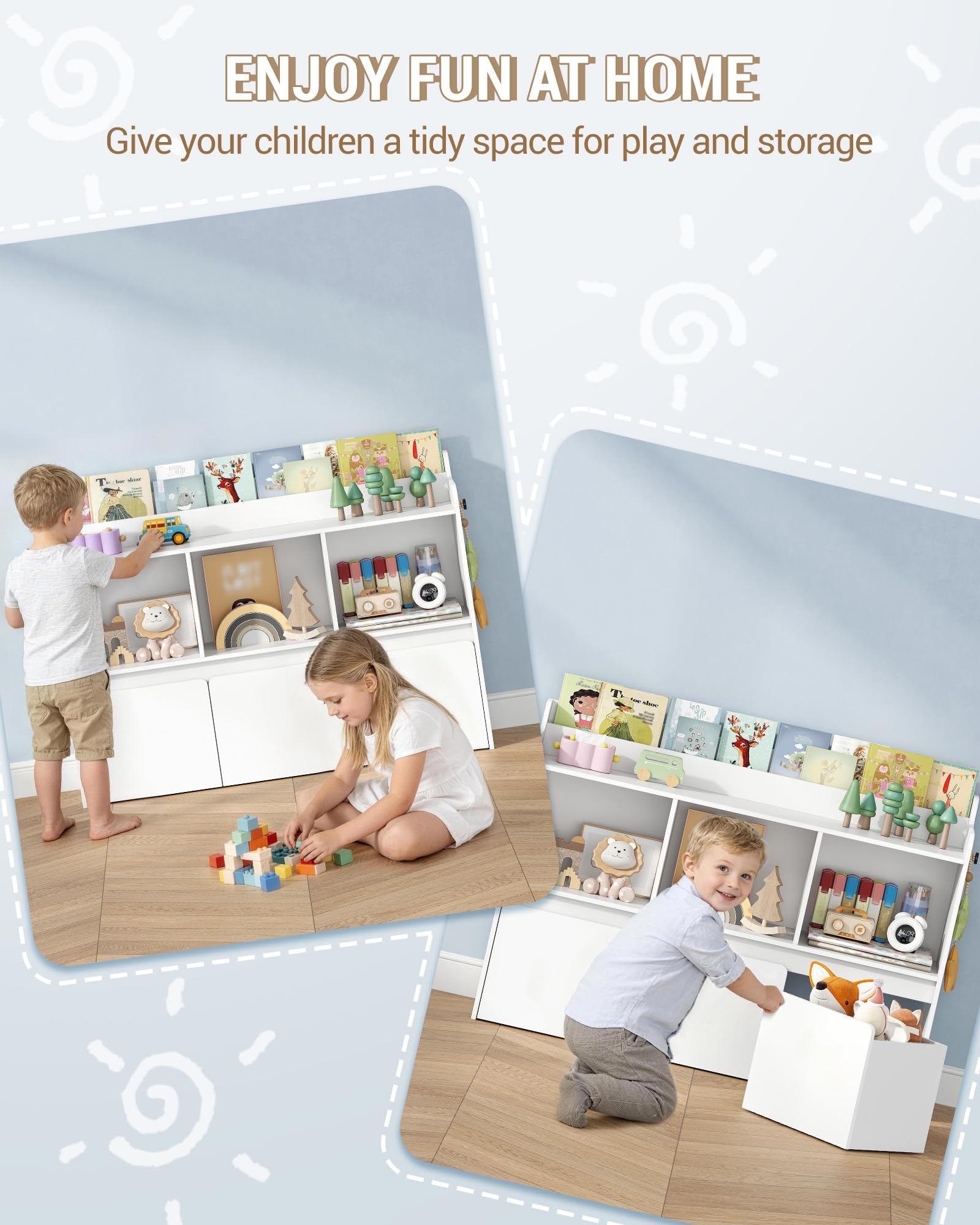 Hzuaneri Libreria per bambini con portariviste, mobile contenitore con 3 vani aperti e 3 scatole portaoggetti su ruote, camera bimbi, soggiorno, studio, 30×108×80 cm, bianco KB26003X