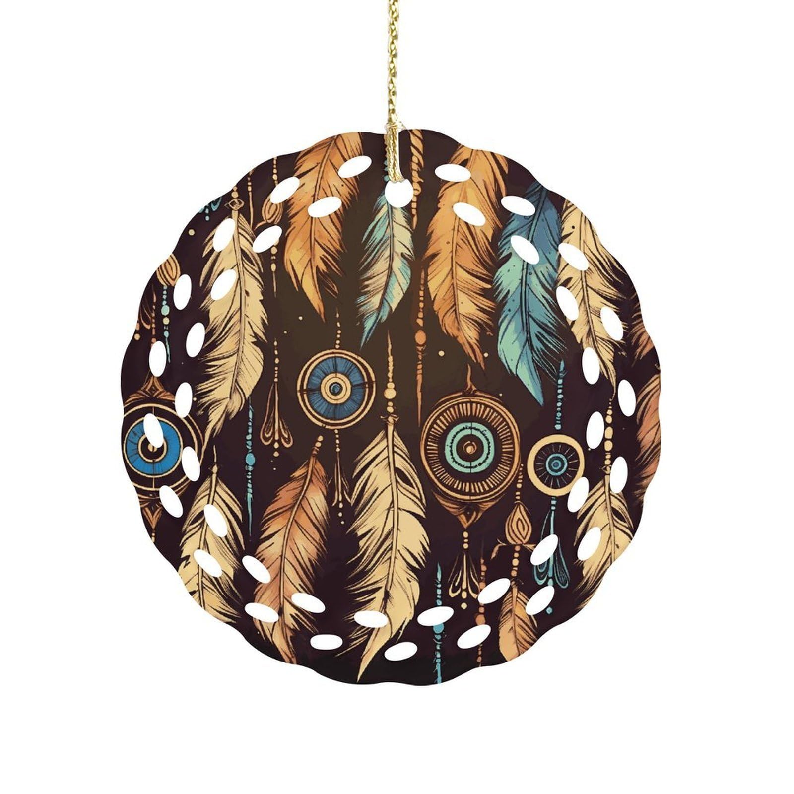 Vintage Ethnic Tribal Feather Christmas Ornament Holiday Hanging Decoration Xmas Tree Keepsake Personalized Xmas Tree Ornament Round Ceramic Ornaments for Keepsake Gifts Ideas Home Decor