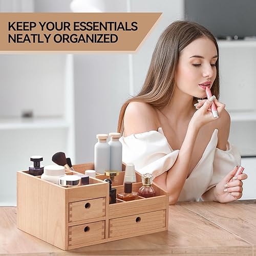 Miniatura 4 de KIRIGEN Organizador de maquillaje de madera con gabinete de almacenamiento, organizador de cosméticos de mesa, caja de almacenamiento de joyas,