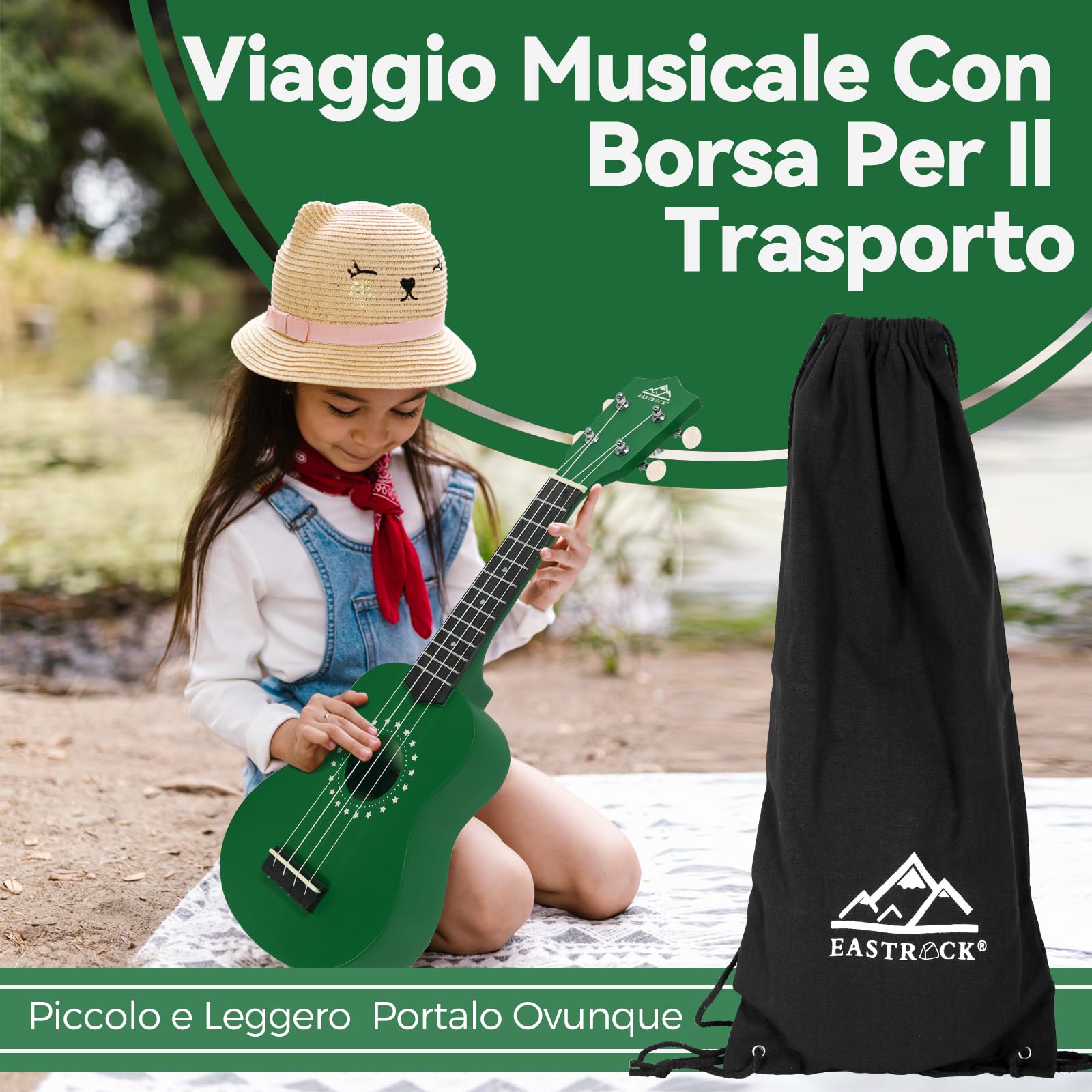 EastRock Ukulele soprano 21 pollici, ukulele kit per Bambino Principiante con borsa,string, instruction manual (verde)