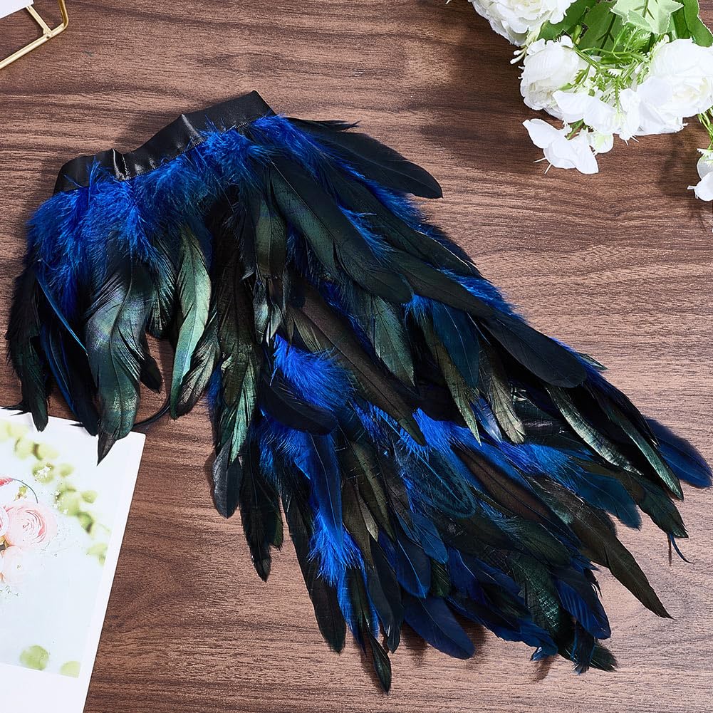 GORGECRAFT Gothic Feather Cape Shawl Feather Capelet Witch Wings Collar Natural Feathers Cape Shrug Halloween Raven Costume Peacock Adult Costumes for Women Men Easter New Years Eve Dodger Blue - Image 3