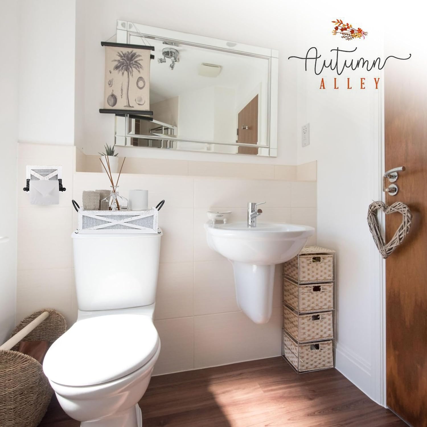 Autumn Alley Farmhouse Toilet Paper Holder & Basket Set - White Farmhouse Bathroom Organizer - Rustic Bathroom Accessories with Weathered Solid Wood, Galvanized Metal