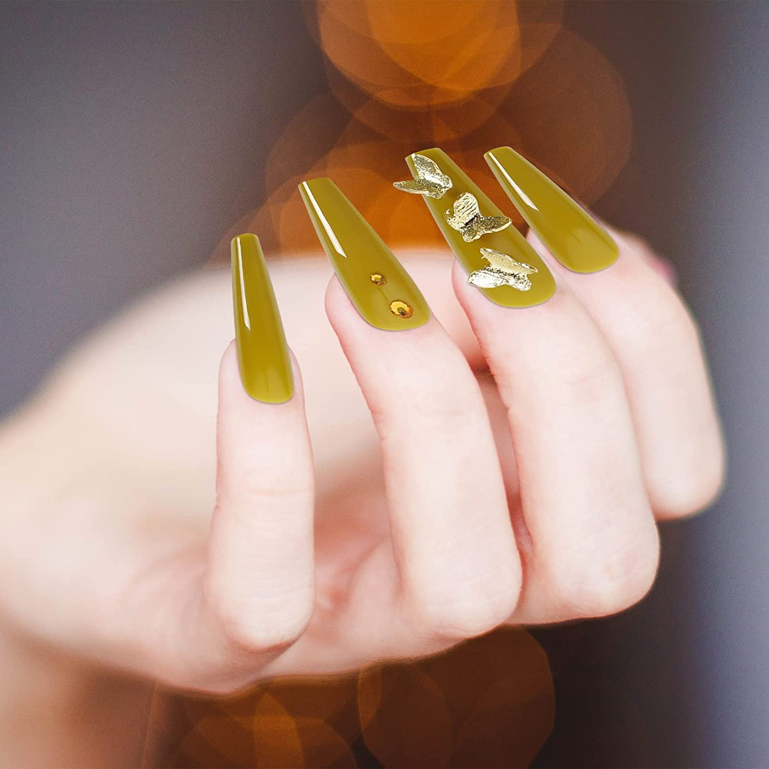 Amazon.com: 24 Pcs Press on Nails Long Coffin Fake Nail Mustard Yellow  Crystal Glue on Nails 3D Golden Butterflies Stick on Nails Glossy Ballerina  False Nails Tips for Woman Girls Holiday Party :
